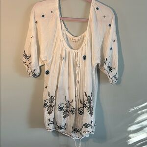 POL Women's Cream Blouse with Black and Blue Embroidery